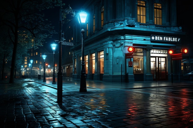 Illustratie van een nachtelijke stadsstraat met straatverlichting en een groot gebouw