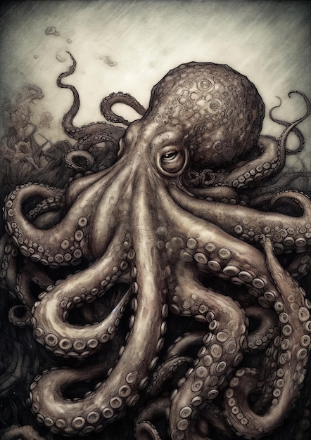 Illustratie van een Octopus in een fictief landschap voor frame Sea animal concept art