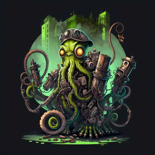 Foto illustratie van een octopus monster-personage, steampunk-stijl, stripfiguurontwerp