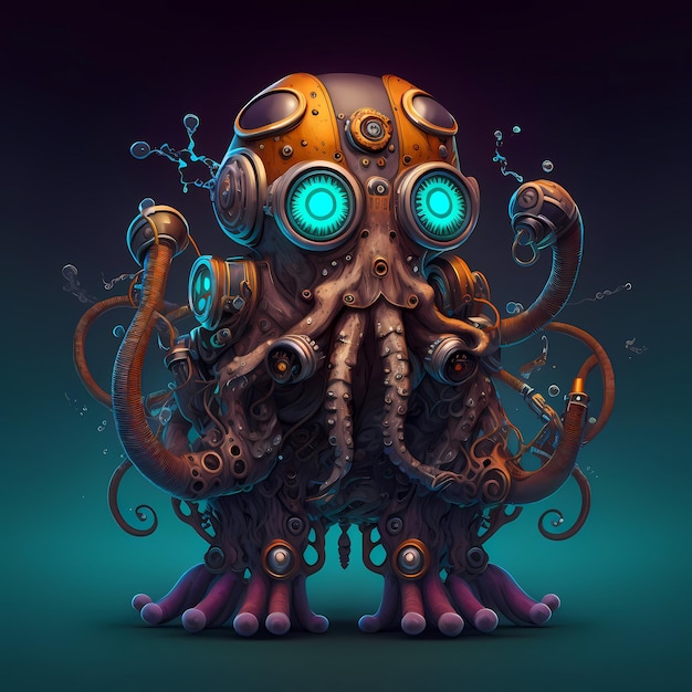 Illustratie van een Octopus Monster-personage, steampunk-stijl, stripfiguurontwerp