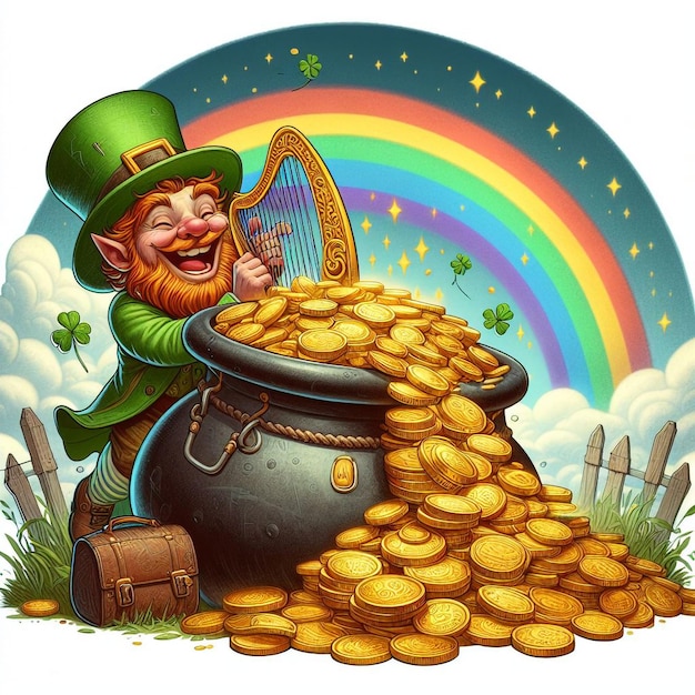 Illustratie van een ondeugende leprechaun die van achter een reusachtige pot vol gouden munten uitkijkt