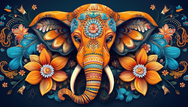 Illustratie van een oranje olifant op een blauwe achtergrond