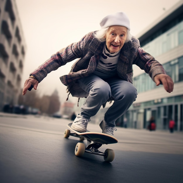 illustratie van een oude grootmoeder die skateboard speelde