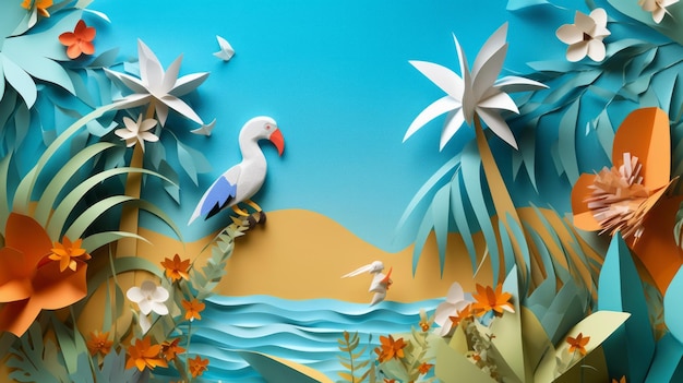 Illustratie van een papieren landschap geïnspireerd op een tropisch paradijs met origamivogels en strand met palmbomen