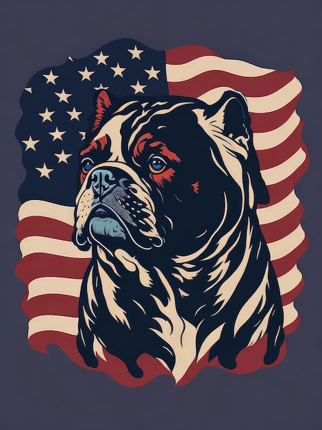 Illustratie van een patriottische hond met een Amerikaanse vlag op de achtergrond