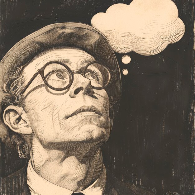Foto illustratie van een persoon die denkt met een spraakbel in een schetsstijl op een donkere achtergrond concept van ideeën generatieve ai