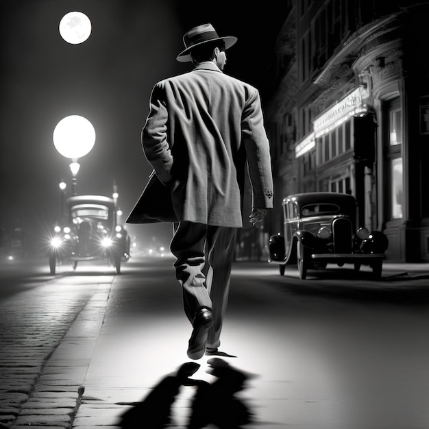 illustratie van een persoon die door een stad loopt jaren '30 noire sfeer generatieve ai