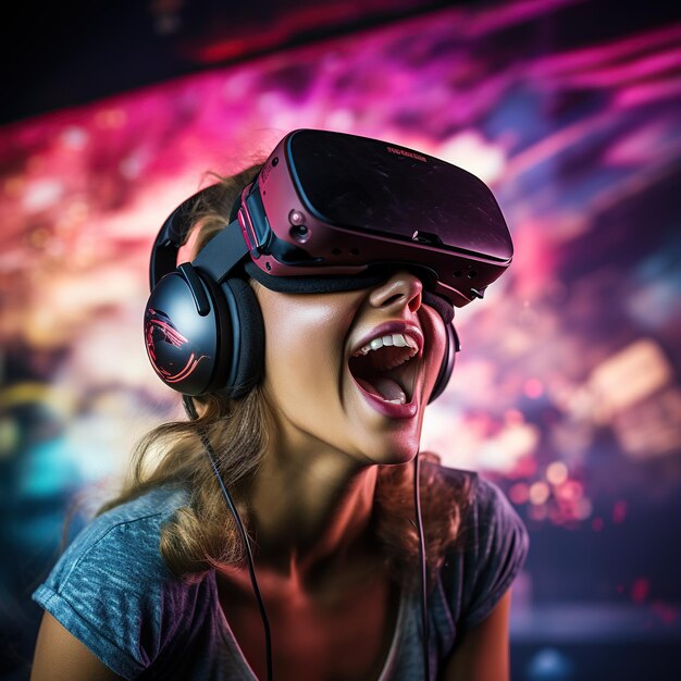 Foto illustratie van een persoon die een virtual reality vr-headset draagt, gemaakt als een generatief kunstwerk met behulp van ai