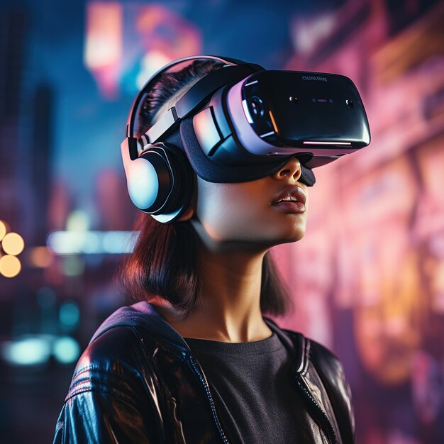 Illustratie van een persoon die een virtual reality VR-headset draagt, gemaakt als een generatief kunstwerk met behulp van AI