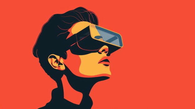 Illustratie van een persoon die met een vr-headset in een virtuele omgeving is ondergedompeld