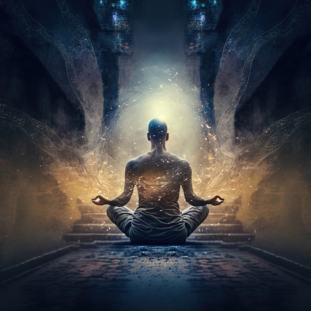 illustratie van een persoon die yoga-spiritualiteit doet met het universum Generatieve AI
