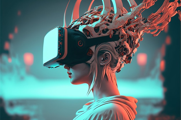 Illustratie van een persoon uit de toekomst met een virtual reality-bril verbonden met de metaverse. Gen