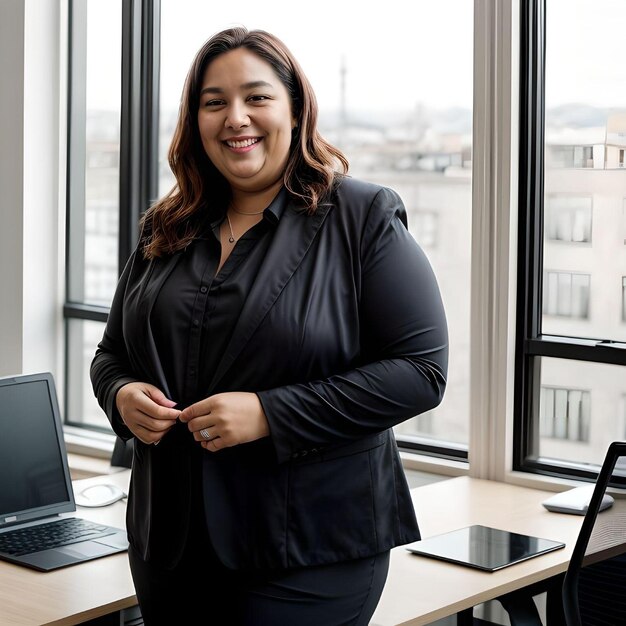 Foto illustratie van een plus size ceo manager van een bedrijf in pak die naar de camera kijkt glimlachend concept