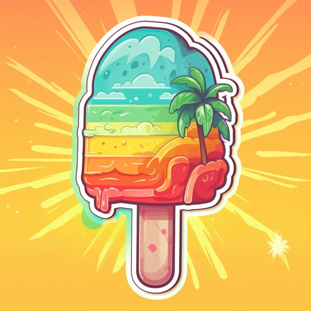 illustratie van een popsicle met een regenboog ijs en een palmboom generatieve ai