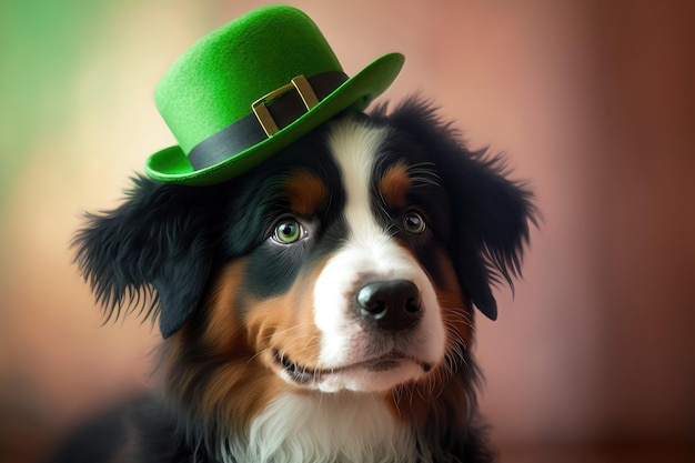 Illustratie van een portret van een schattige hond in een groene hoed met een onscherpe achtergrond St Patrick's Day Concept AI-generatie