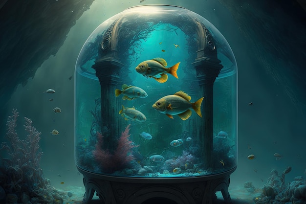 Illustratie van een post-apocalyptisch kluisaquarium met gemuteerde vissen