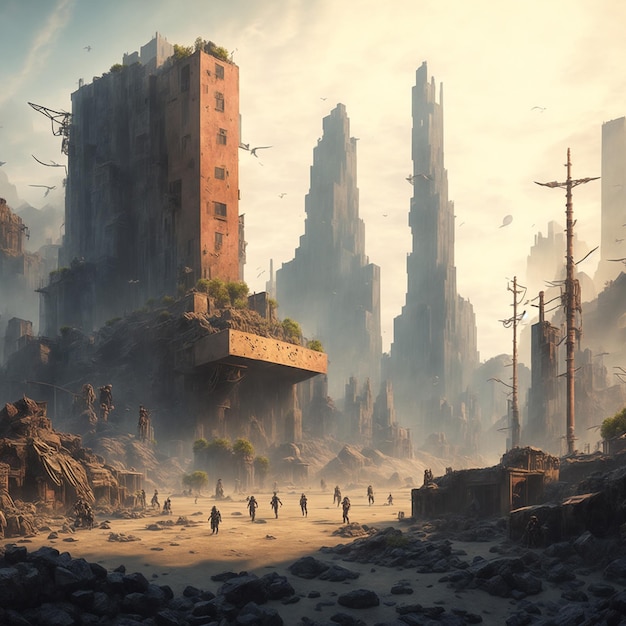 Illustratie van een postapocalyptische stad ai kunst