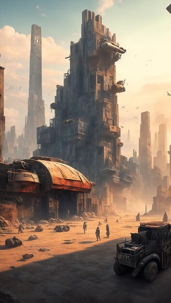 Illustratie van een postapocalyptische stad ai kunst