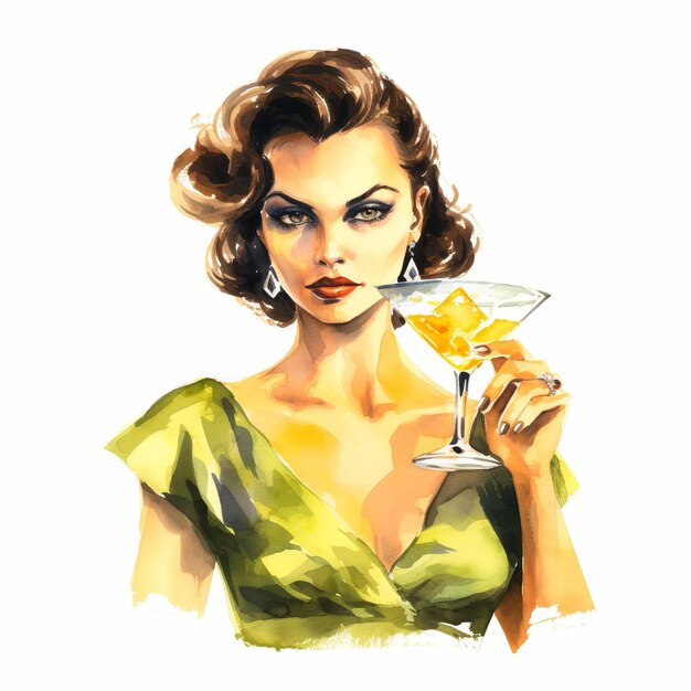 Illustratie van een potloodtekening van een vrouw met een glas cocktail