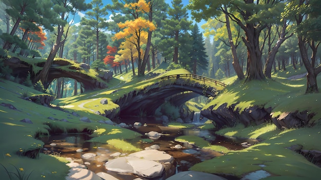 Foto illustratie van een prachtig landelijk natuurbos in anime-stijl achtergrondanimatie door alicewonderland