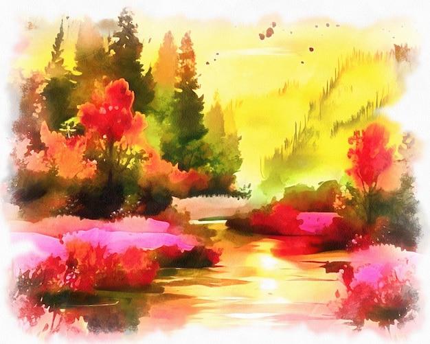 Illustratie van een prachtig landschap in aquarel stijl op papier canvas Generatieve AI