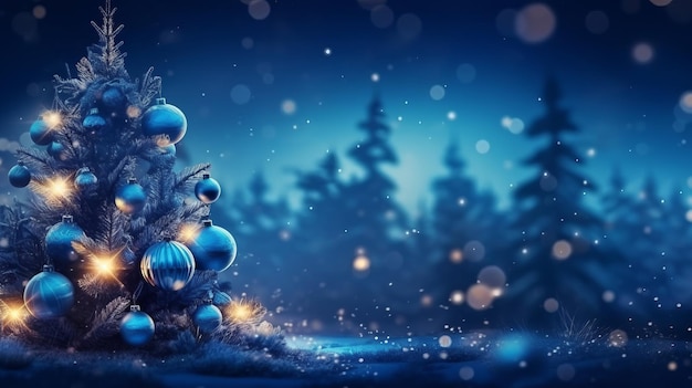 Illustratie van een prachtig versierde kerstboom met blauwe ornamenten en fonkelende lichtjes