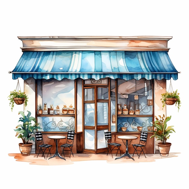 illustratie van een restaurant met een blauwe luifel en tafels en stoelen generatieve ai