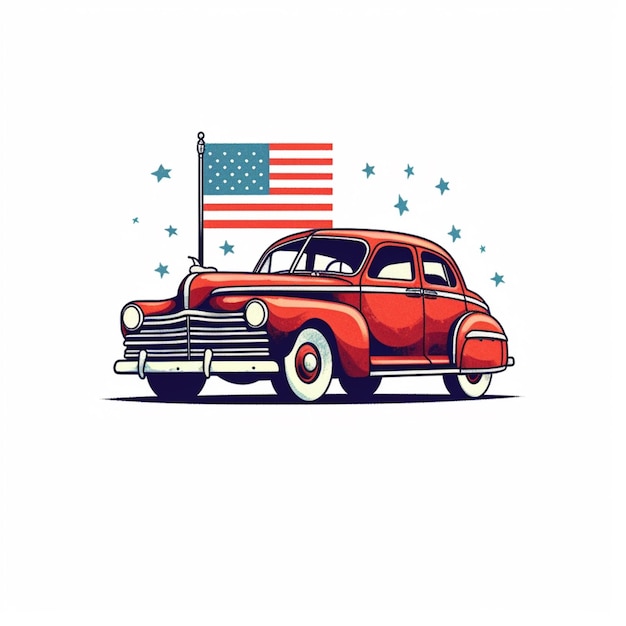 Illustratie van een rode auto met een Amerikaanse vlag aan de zijkant generatieve ai