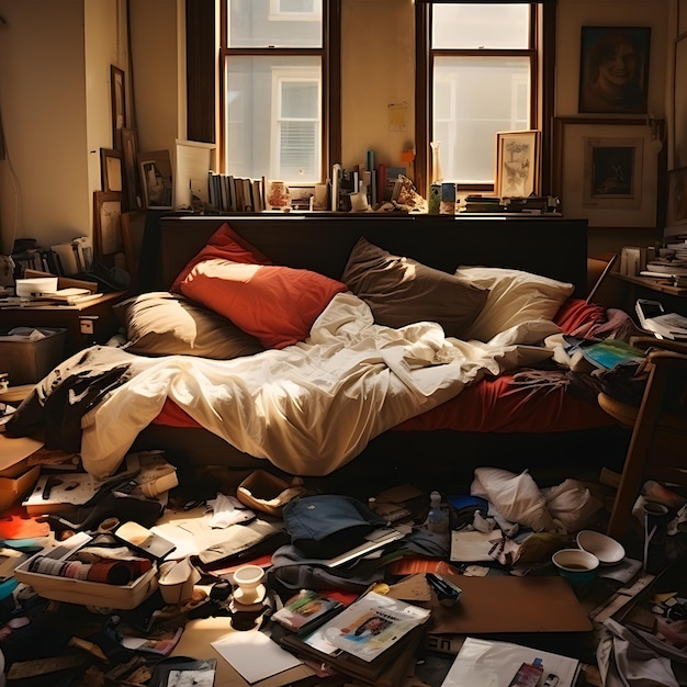 Foto illustratie van een rommelige slaapkamer