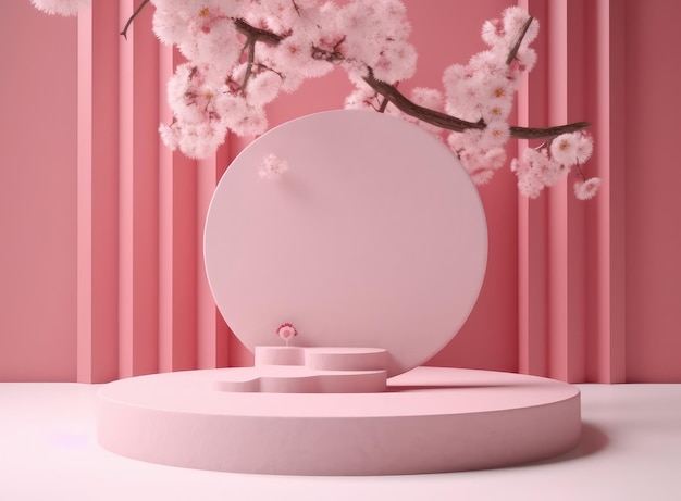 Illustratie van een rond podium met bloemen sakura geometrisch decor verticale lijnen op een roze achtergrond een podium voor productpresentatie Generatieve AI