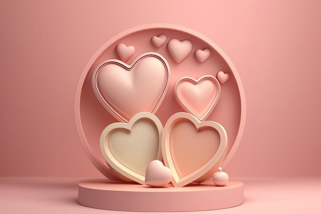 Illustratie van een roze productstandaard met hartjes rond het thema valentijnsdag in 3D-stijl AI-generatie