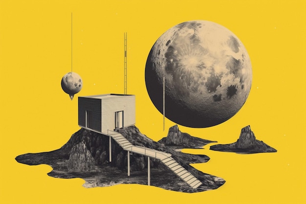 Illustratie van een ruimtestation op een achtergrond van de maan