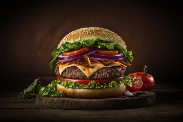 Illustratie van een rundvleesburger met sla, tomaat en ui op een donkere achtergrond AI Generation
