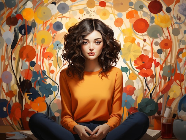 Illustratie van een rustige mooie tienermeisje tegen de achtergrond van kleurrijke bloemen geestelijke gezondheid in de jeugd