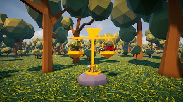 Illustratie van een schaal die natuur en industrie in evenwicht brengt met een virtueel landschap op de achtergrond ontworpen in low poly 3d render