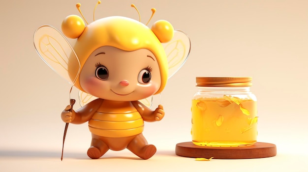 Illustratie van een schattig glimlachend honingpotje met een bij in een warme zonneschijn
