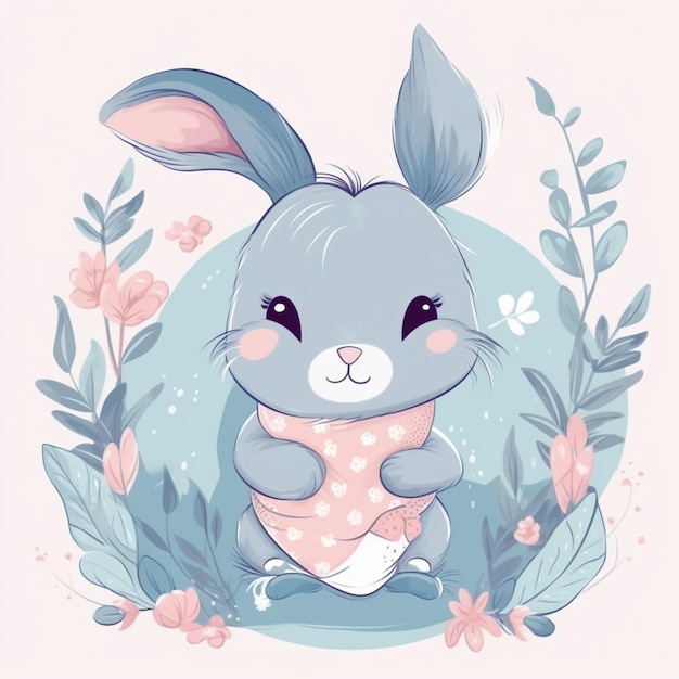Foto illustratie van een schattig konijn met een roze jurk die in een bloemig kader zit generatieve ai