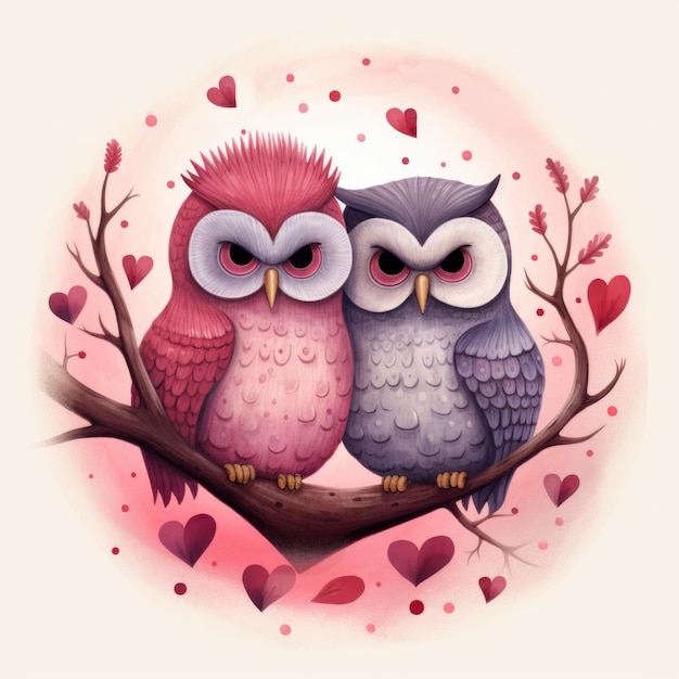 Illustratie van een schattig paar van twee aanhankelijke uilen in een omhelzende Valentijnsdagkaart