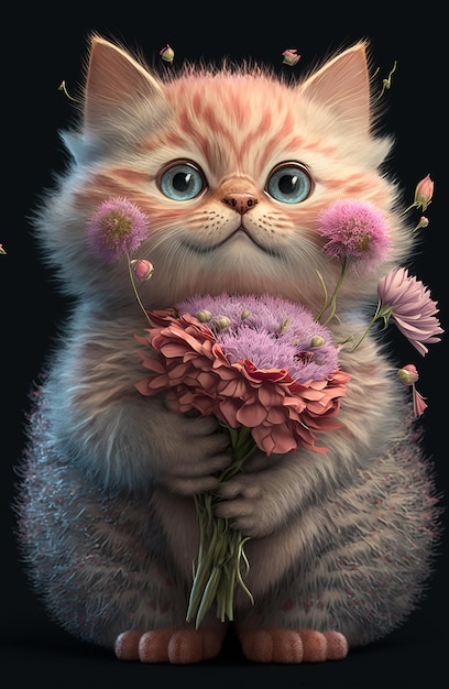 Illustratie van een schattig roze katje met een boeket bloemen Generatieve AI
