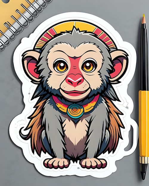 Illustratie van een schattige Baboon sticker met levendige kleuren en een speelse uitdrukking