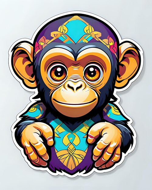 Illustratie van een schattige chimpansee-sticker met levendige kleuren en een speelse uitdrukking