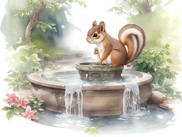 Illustratie van een schattige eekhoorn zittend op een fontein in het park Aquarel illustratie