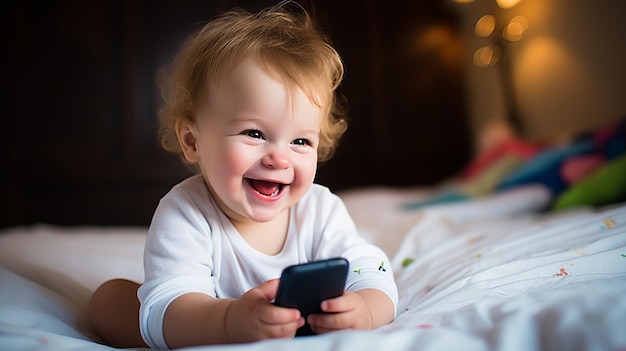 illustratie van een schattige gelukkige baby die een smartphone vasthoudt lachende Natura