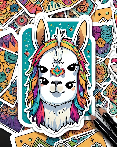 Illustratie van een schattige Lama-sticker met levendige kleuren en een speelse uitdrukking