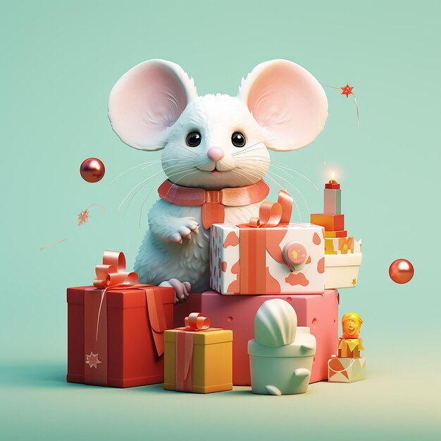 Foto illustratie van een schattige muis op kerstcadeaus