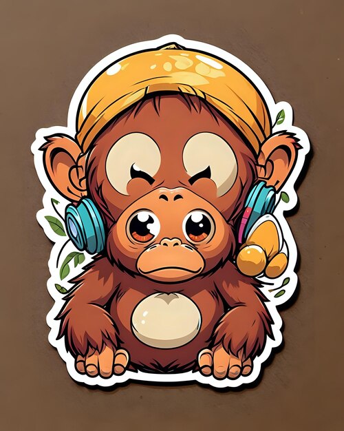 Foto illustratie van een schattige orang-oetan sticker met levendige kleuren en een speelse uitdrukking