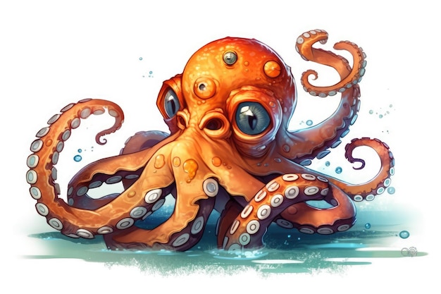 Illustratie van een schattige oranje octopus met grote expressieve ogen en lange tentakels Generatieve AI