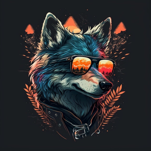 illustratie van een schattige wolf die een zonnebril draagt