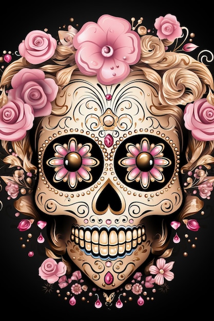 Illustratie van een schedel of menselijk schedel met kleurrijke bloemenversieringen op een zwarte achtergrond