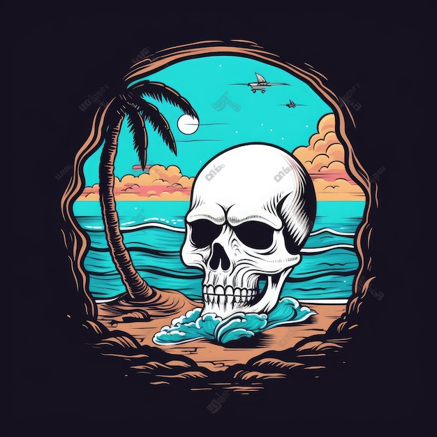 Illustratie van een schedel op een strand met een palmboom en een zonsondergang op de achtergrond